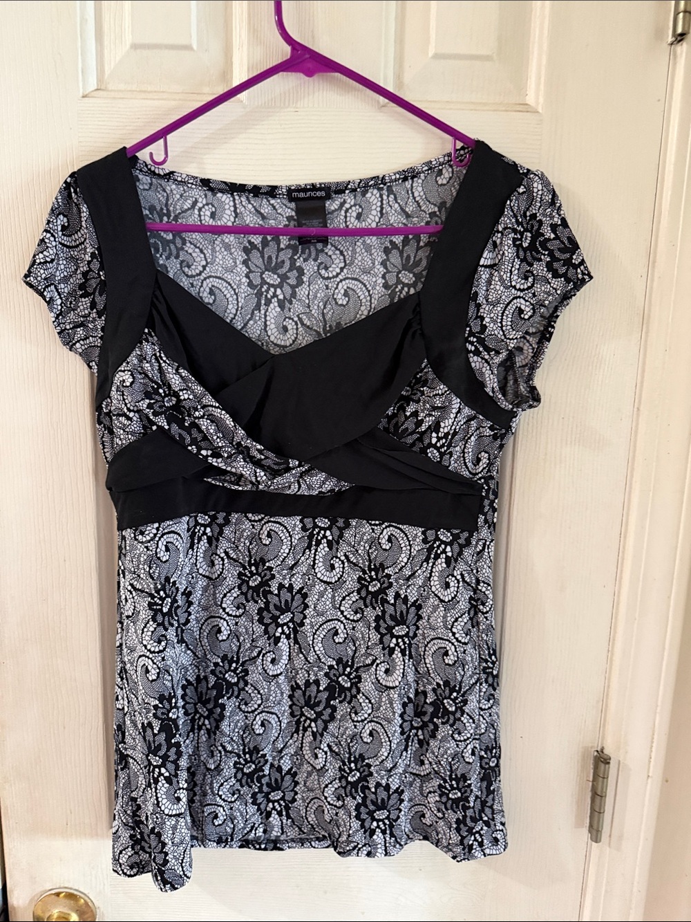 Maurices Black and White Floral Lace-Print Wrap Top